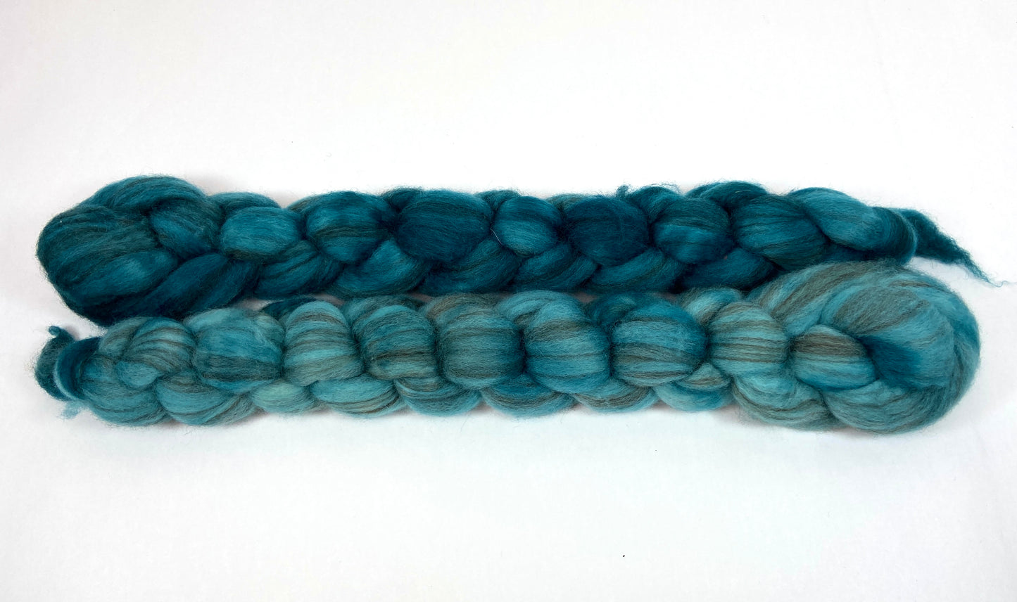 Soft Aqua and Mallard combo - 4 oz total, BFL Swirl wool combed top, roving, spinning fiber, handspinning, felting