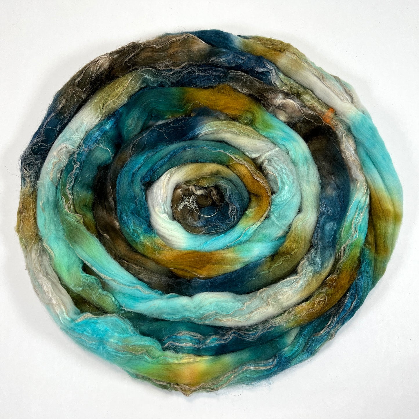 Tide Pool SC - 4 oz Merino, silk, flax combed top, roving, spinning fiber, handspinning, felting, needle felting, weaving supplies