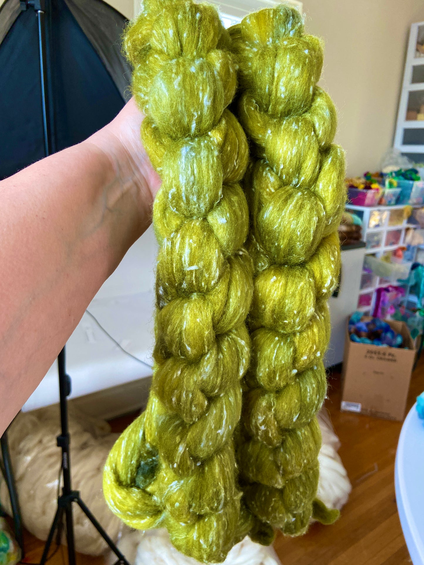 Ripe Olive - 4 oz 80/20 South American wool/rayon nepps combed top, roving, spinning fiber, handspinning, felting, needle felting, weaving supplies