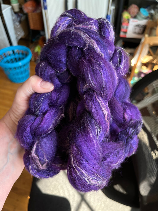 Grape Juice, 4 oz Merino, silk, flax wool combed top, roving, spinning fiber, handspinning, felting, needle felting, weaving supplies