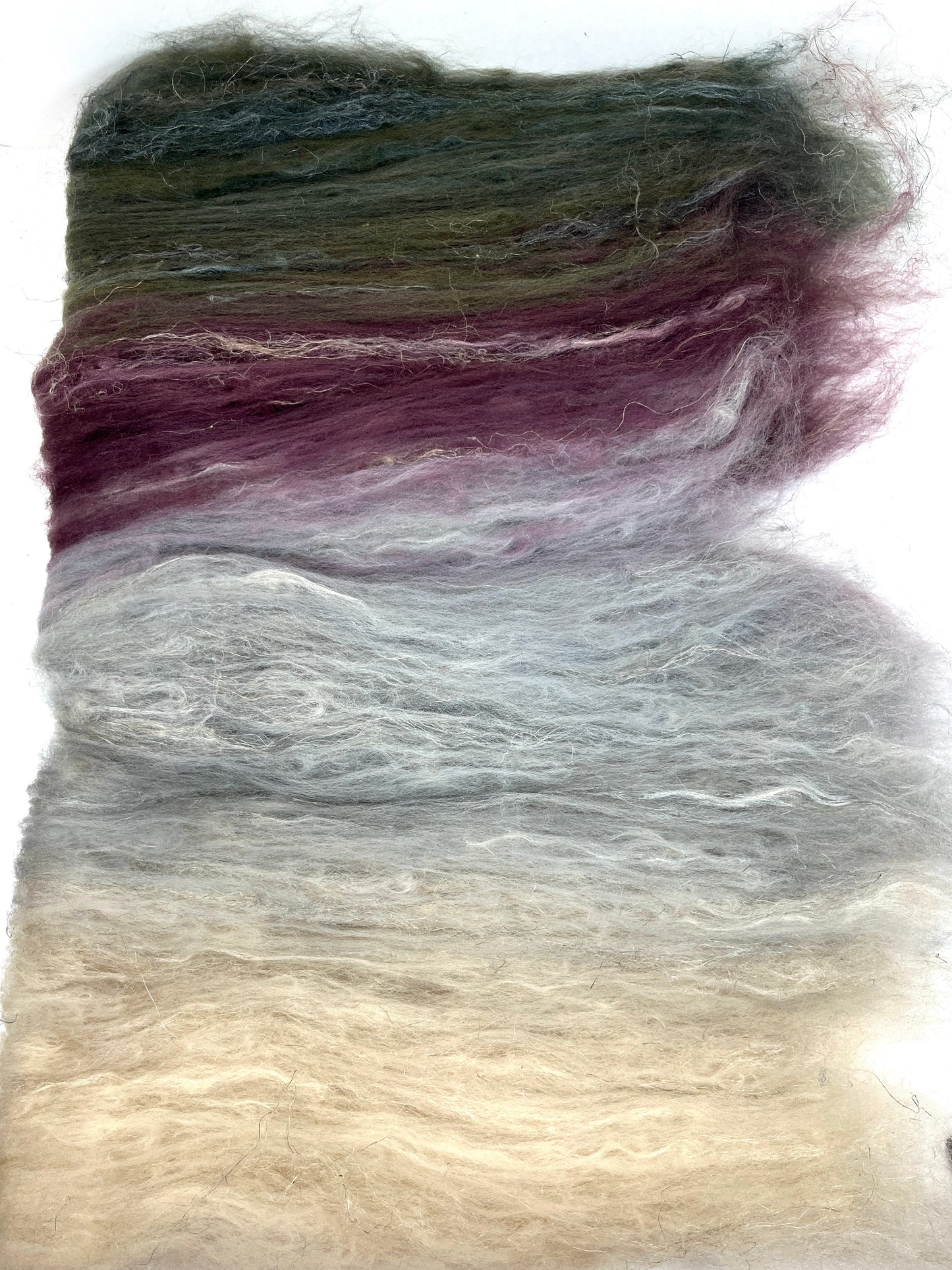 Morning Fog Batt 0211-04 - 2 oz Merino, silk, flax wool, silk, spinning fiber, drumcarded, handspinning, nuno, felting wool