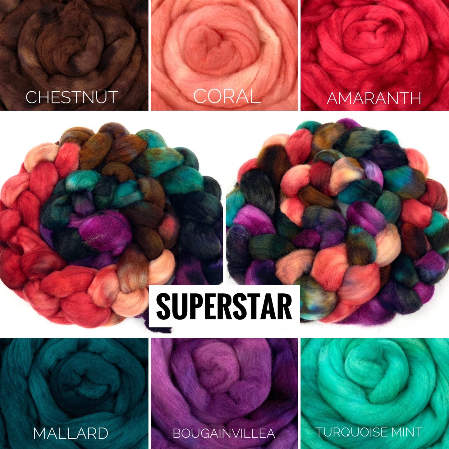 Superstar MG - 4 oz hand painted wool combed top, roving, spinning fiber, handspinning, felting