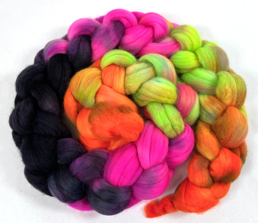 Cacophony MG - 4 oz hand painted wool combed top, roving, spinning fiber, handspinning, felting