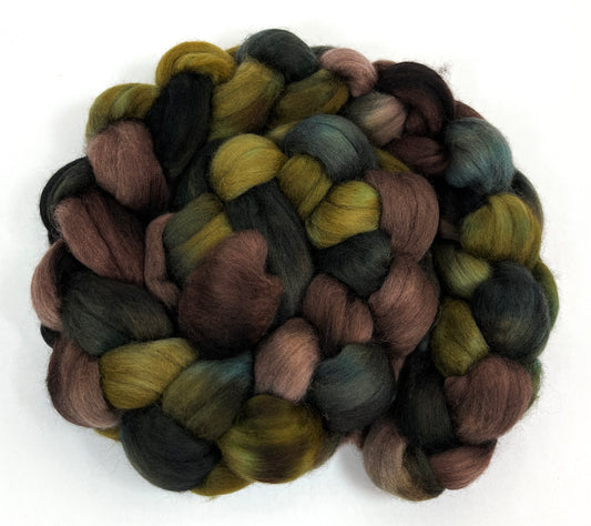 Peat Bog SC - 4 oz 85/15 Polwarth and silk combed top, roving, spinning fiber, handspinning, felting, needle felting, weaving supplies