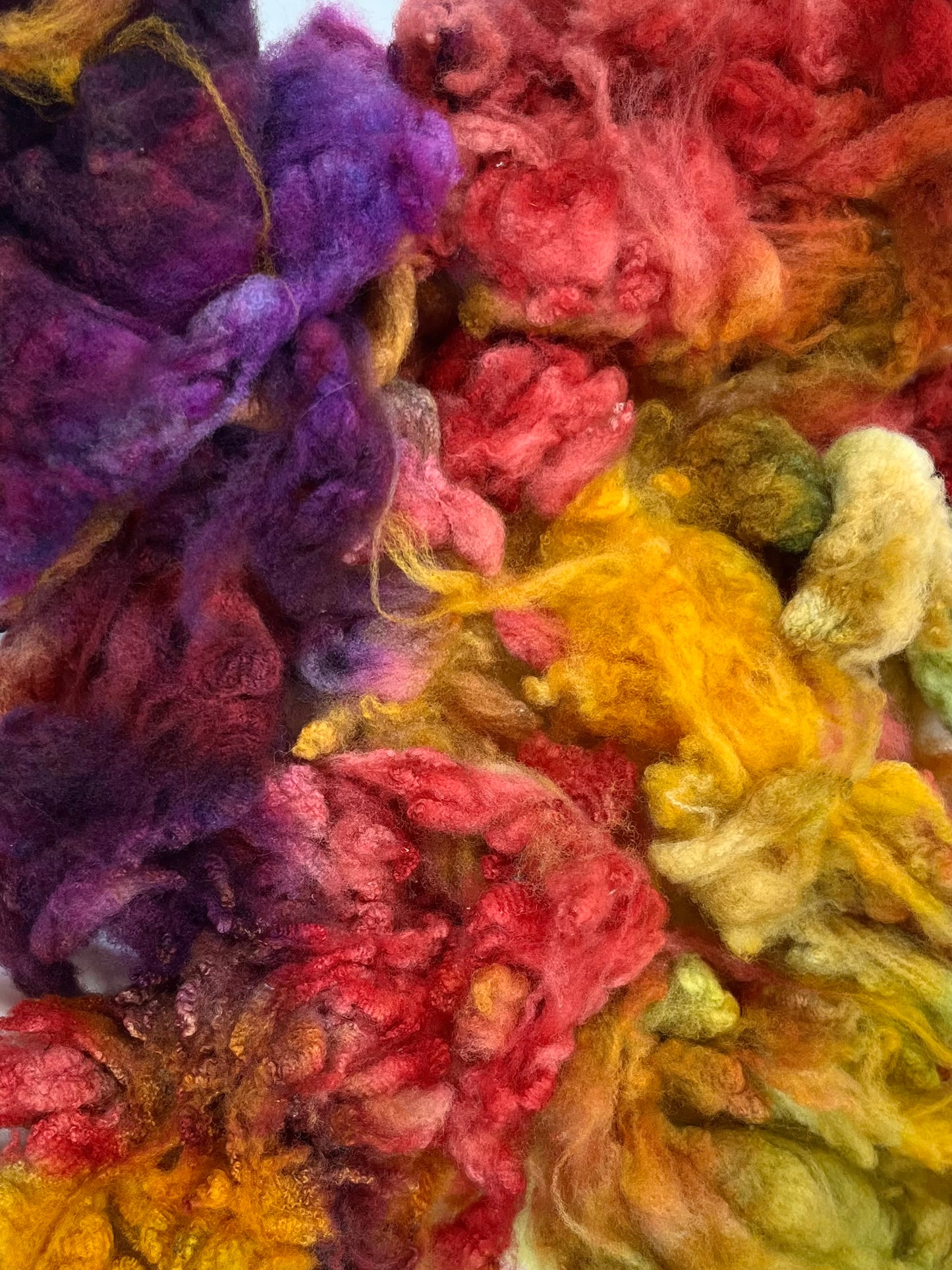 Cormo fleece, 2.3 oz, Curried Beets colorway, clean, top quality, spinning, felting, fiber art, doll hair, nuno, art yarn, 0717-02