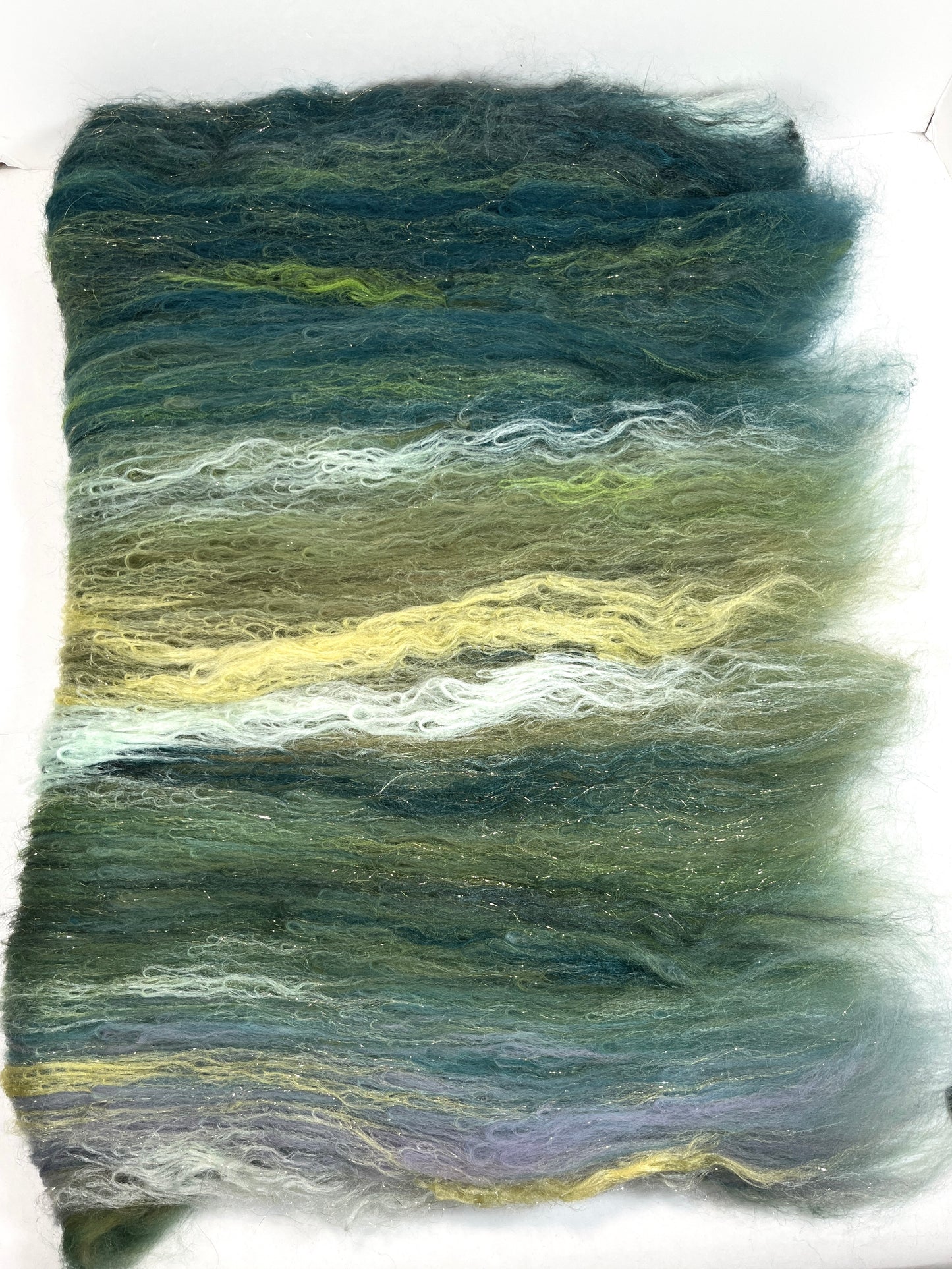 Greens Batt 0815-07 - 3 oz Falkland Merino wool, silk, noils, spinning fiber, handspinning, nuno, felting wool, weaving, spindle