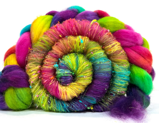 Tie Dye Batt/Top Combo 0508-07 - 5.2 oz Polwarth wool, silk, noils, spinning fiber, drumcarded, handspinning, nuno, felting wool