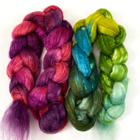 Beets and Emerald Isle combo - 4 oz total, Polwarth and silk combed top, roving, spinning fiber, handspinning, felting