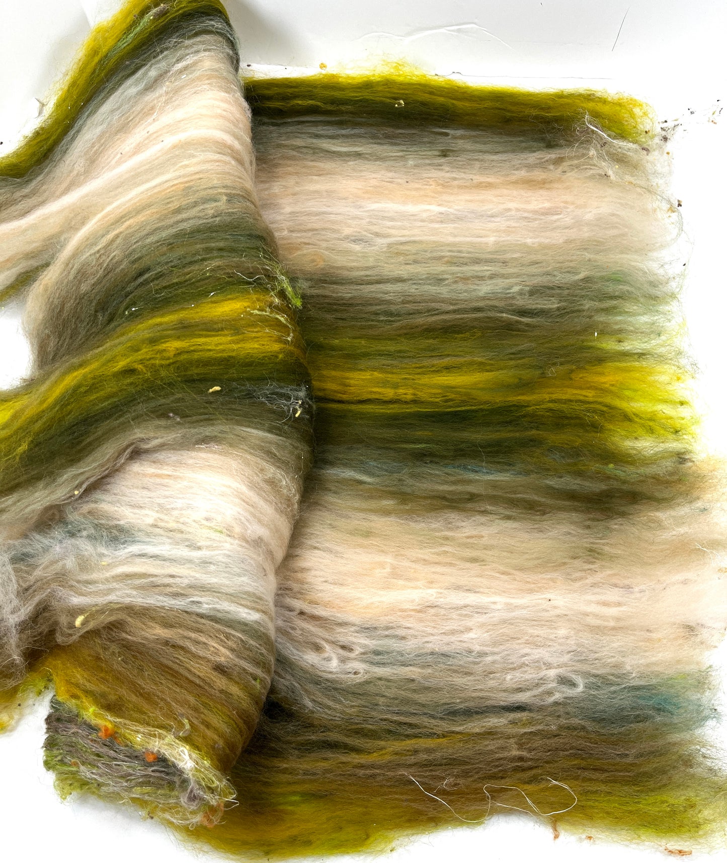 Willow Batt 0120-06 - 2.7 oz Falkland Merino wool, silk, hemp, noils, spinning fiber, drumcarded, handspinning, nuno, felting wool